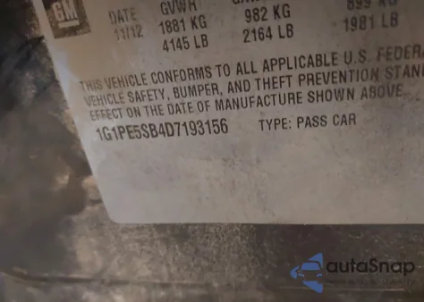 2013 Chevrolet Cruze 2Lt Auto z USA, uszkodzony, nr VIN 1G1PE5SB4D7193156